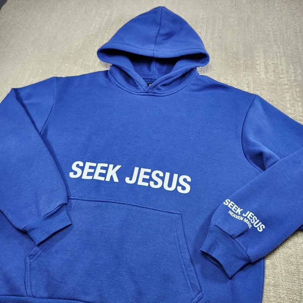 Seek Jesus Hoodie Men Large Heaven Made Christian Mind Mody Spirit Blue Cotton